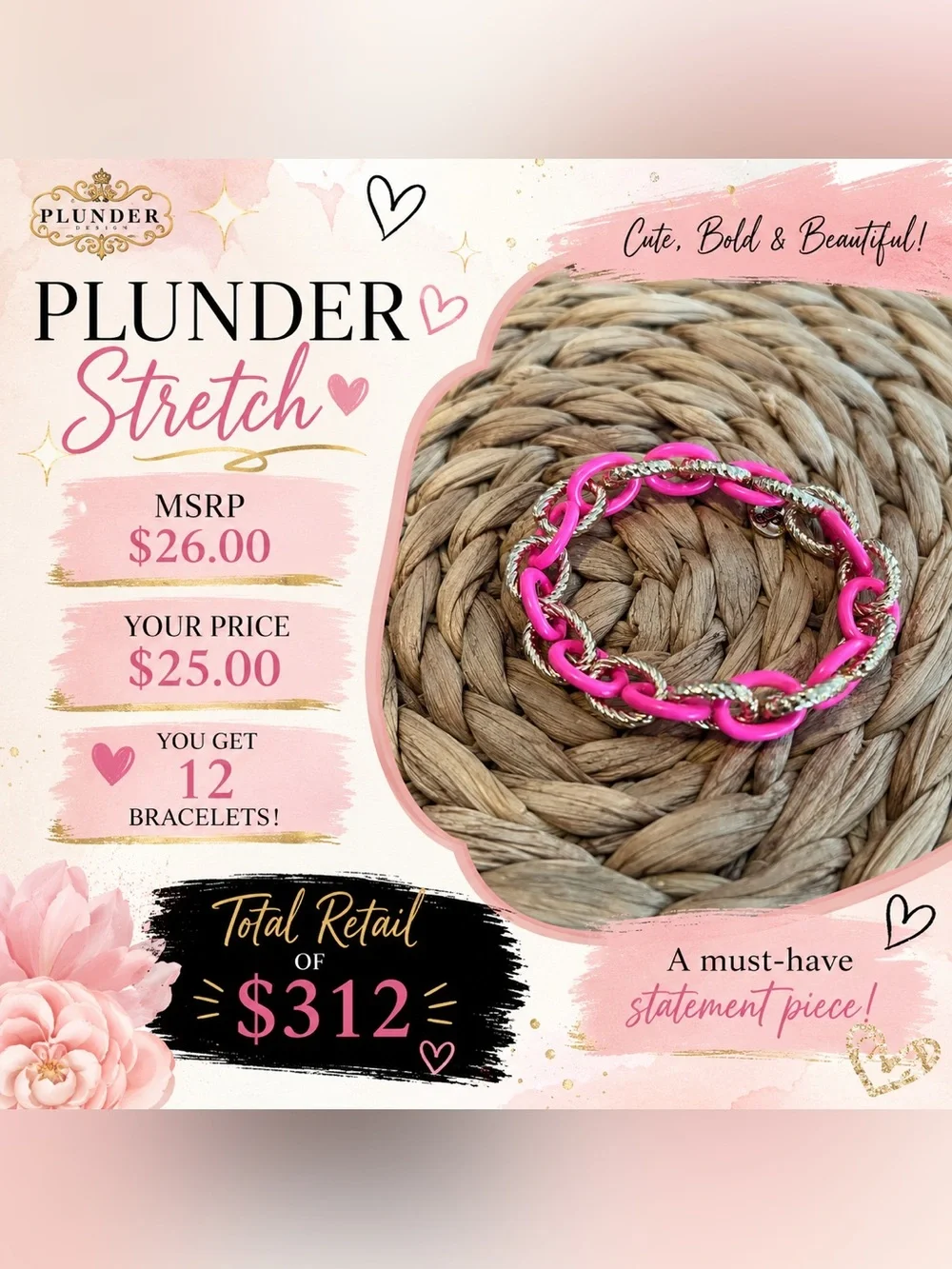 Plunder Hot Pink and Silver Chain-Link Stretch Bracelet